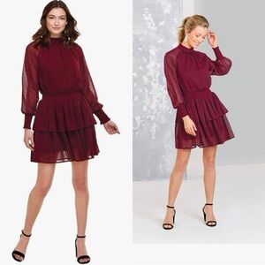NWT MUDPIE Long Sleeve Swiss Dot Cowl Neck Burgundy Dress Sz M